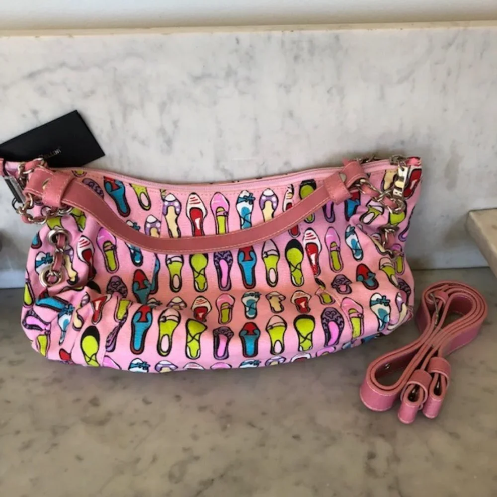 GIO CELLINI Bead Sequin Pink Canvas Shoe Print Hobo Shoulder Bag/Purse